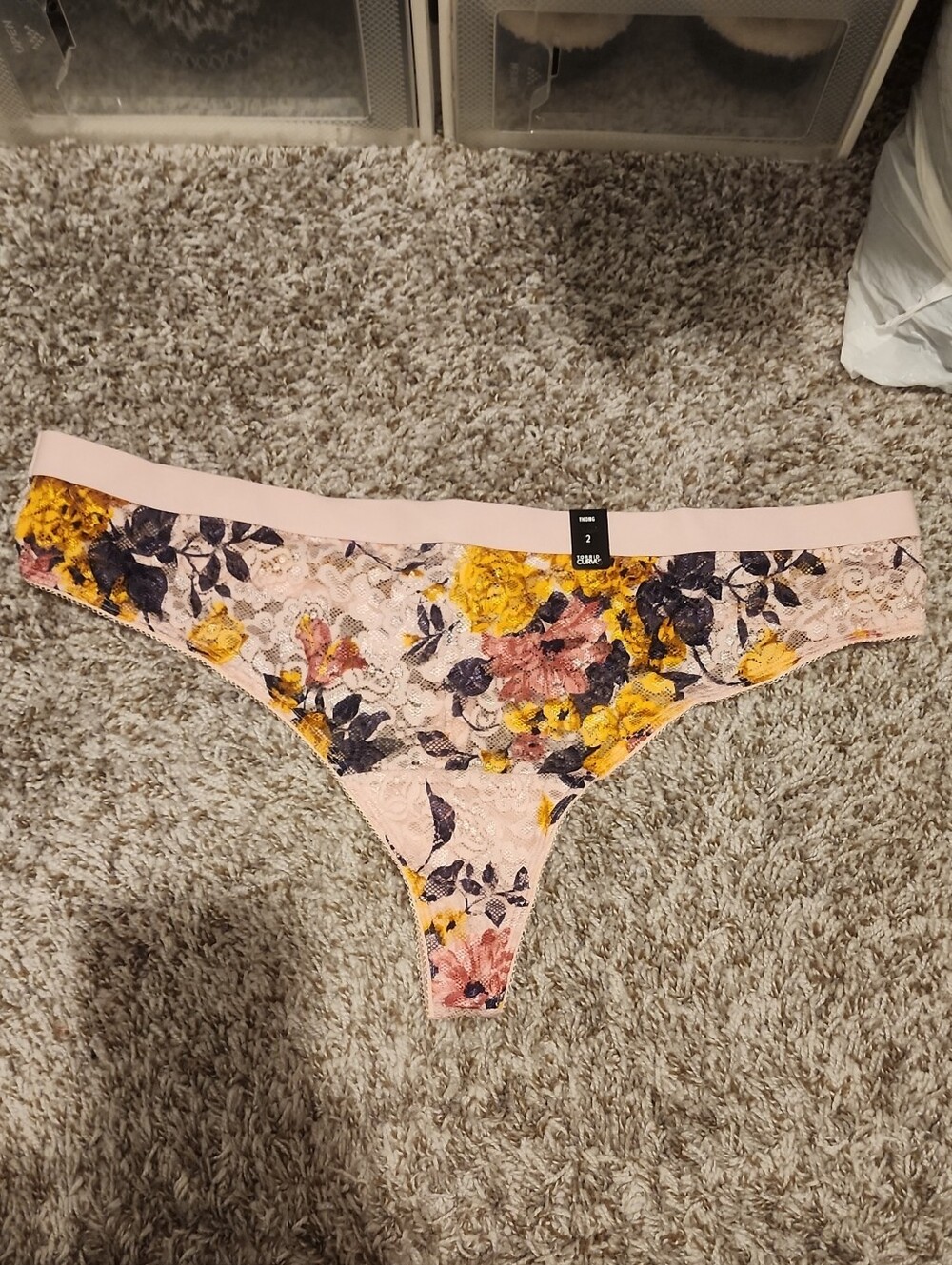 Lace Floral Thong Panty - Pink with Yellow Floral